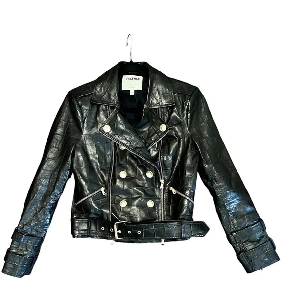 Nwot L’AGENCE Billie Black Croc Embossed Leather Double Breasted Moto Jacket XS - Picture 1 of 13